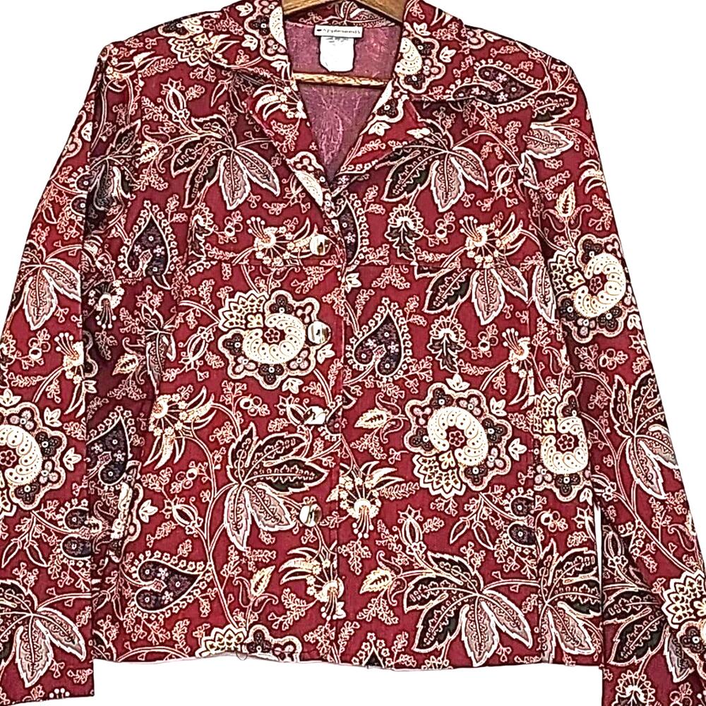 Women Sz L Red Paisley Art to Wear Artsy Pockets Shoulder Pads Vintage Jacket